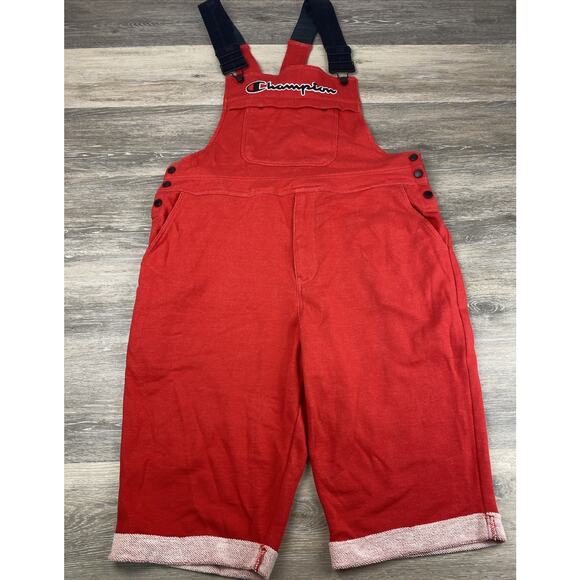Champion Bib Overall Shorts Large Red French Terry Pockets Pull On Skater Y2K L - Picture 1 of 8